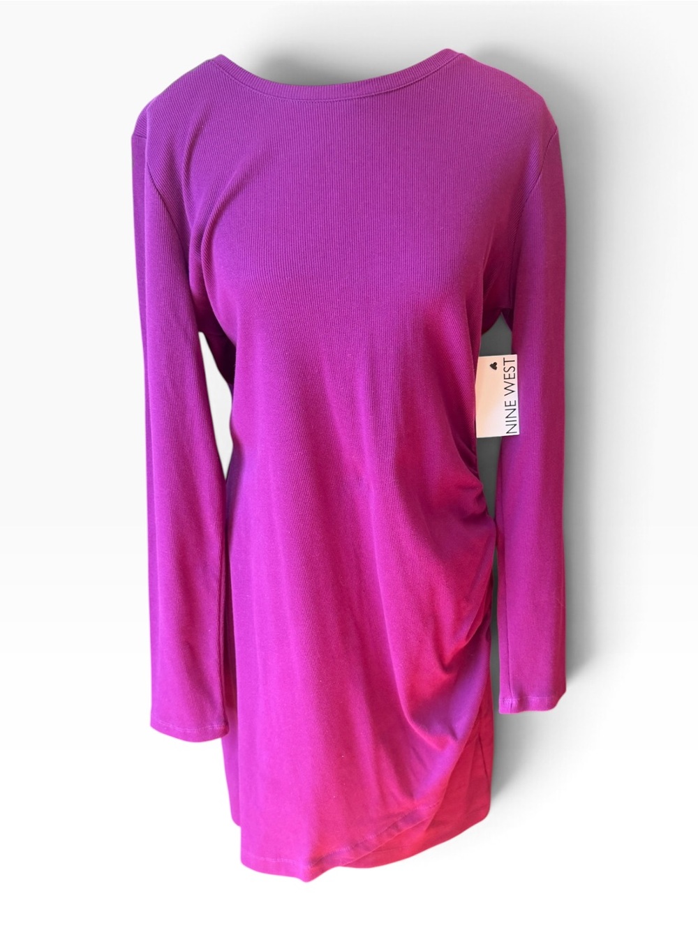 NWT Nine West Purple Ribbed Ruched Long Sleeve Dress XL